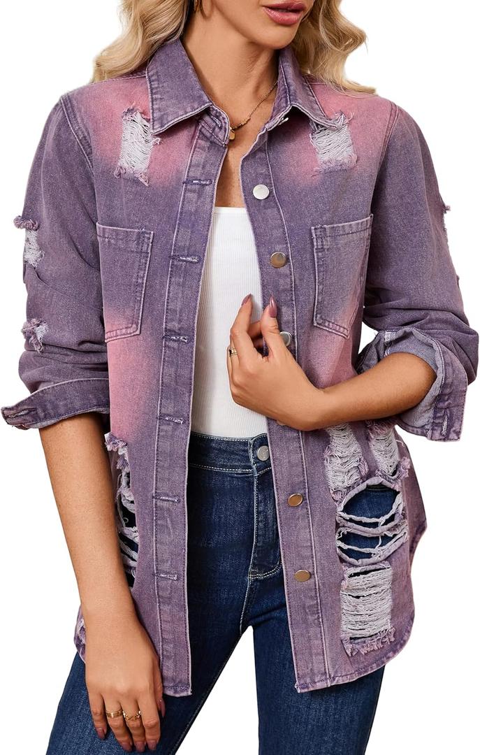 sexycherry Denim Jacket for Women Long Sleeve Classic Trucker Jeans Long Coat Outwear with Pockets (XX-Large, Blue Purple)