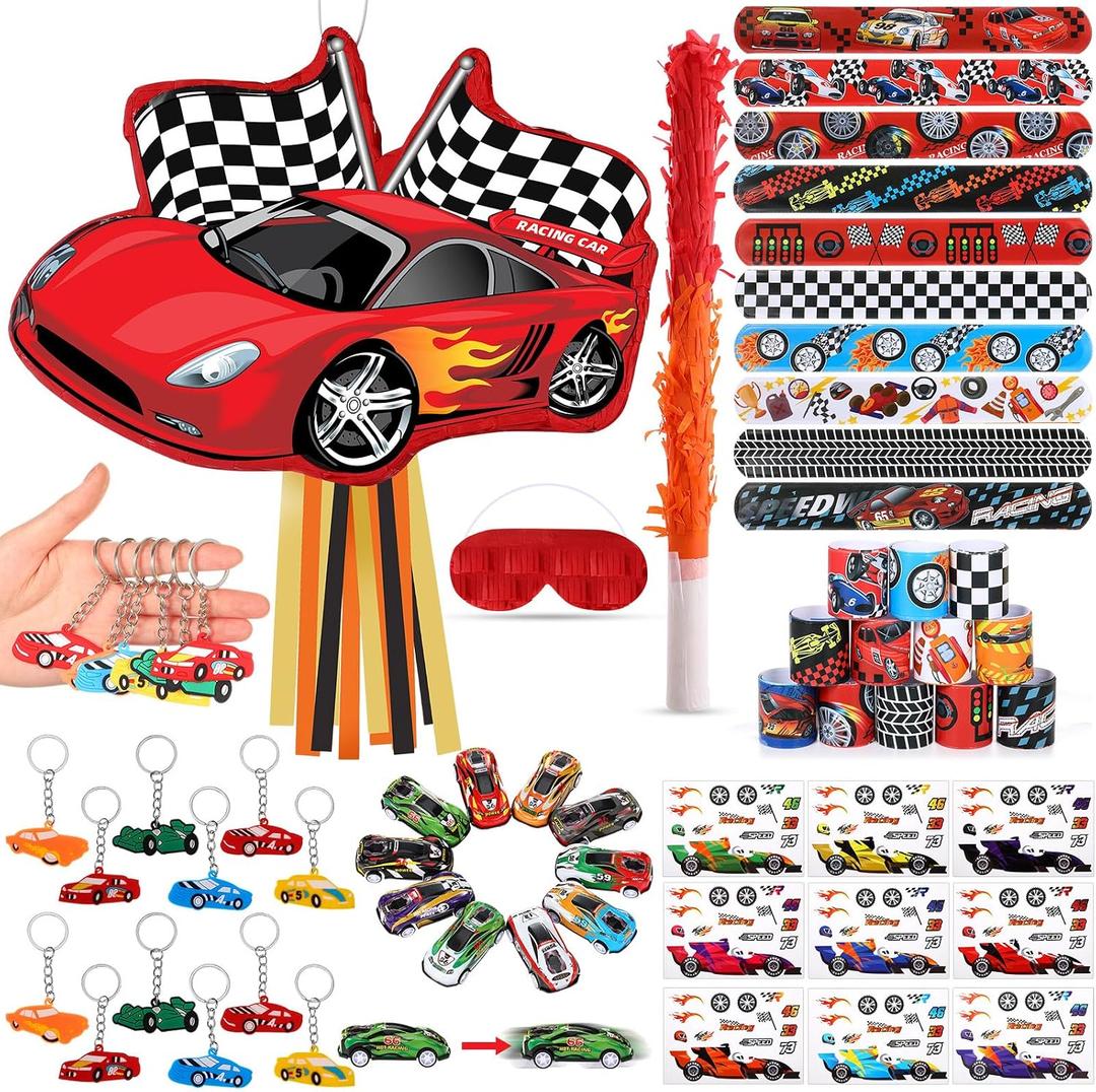 Pasimy Cars Piata Race Car Party Favors Set with Black Red Birthday Piata Stick Blindfold Slap Bracelet Keychain Sticker Racecar Party Gifts Birthday Decorations Goodie Bag Stuffer Supplies
