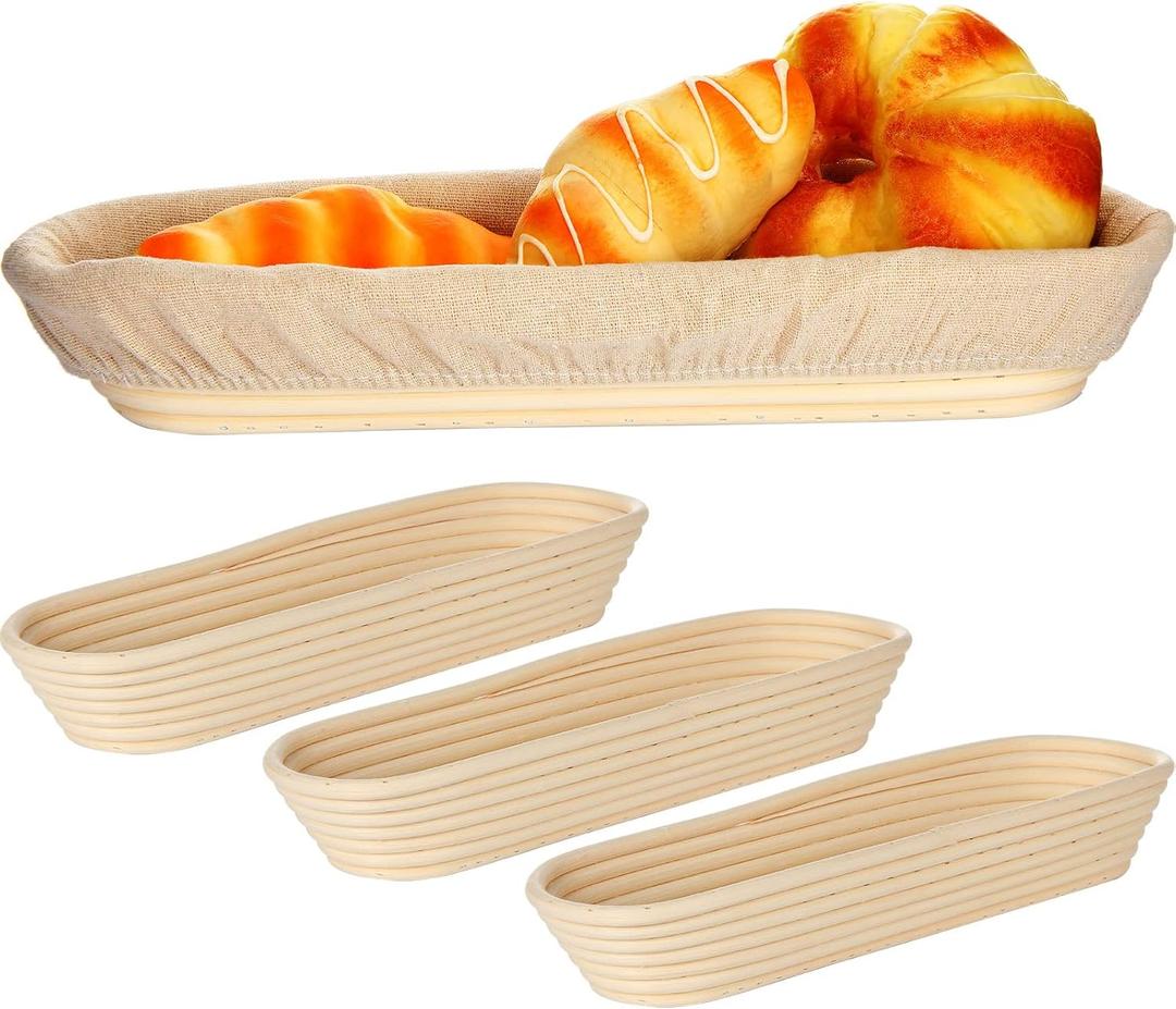 4 Pieces 13.8 Inch Banneton Bread Proofing Basket Oval Long Bread Proofing Basket Banneton Basket Dough Proofing Basket with Liners and Scatters for Home Sourdough Bread Baking