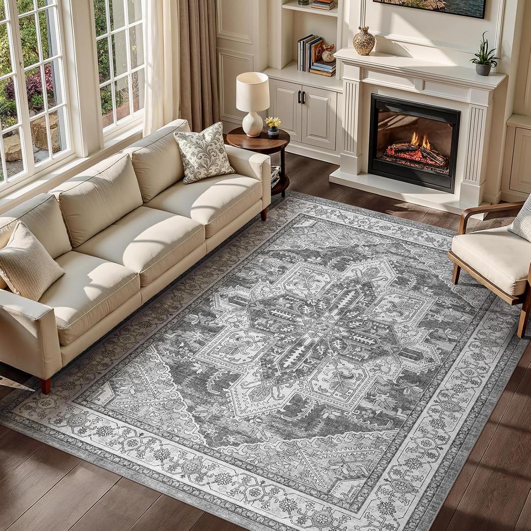 WITSHOCK Living Room Area Rugs 8x10: Washable Rug Boho Soft Non-Slip Low Pile Stain Resistant Foldable Carpet for Bedroom Playroom Dining Room Office Kitchen Farmhouse Home Decor Rug-Gray