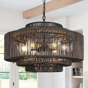 24" Rattan Pendant Light 6-Light Black Rattan Chandelier Lights Fixture 3-Tier Hand-Woven Rattans Chandelier Wicker Pendant Boho Lights Rustic Light Fixtures for Dining Room Bedroom (Balck-Black Finish)