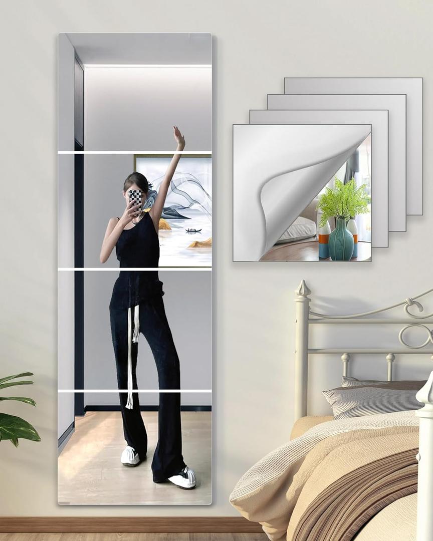 Shatterproof Wall Mirror Full Length for Bedroom, Acrylic Gym Mirrors For Home, Extra Thick : 0.12 Inch, 4 PCS x 15.7 x 12 Inch, Workout Mirrors Safe for Kids, Over The Door, Long Wall Mounted Mirror