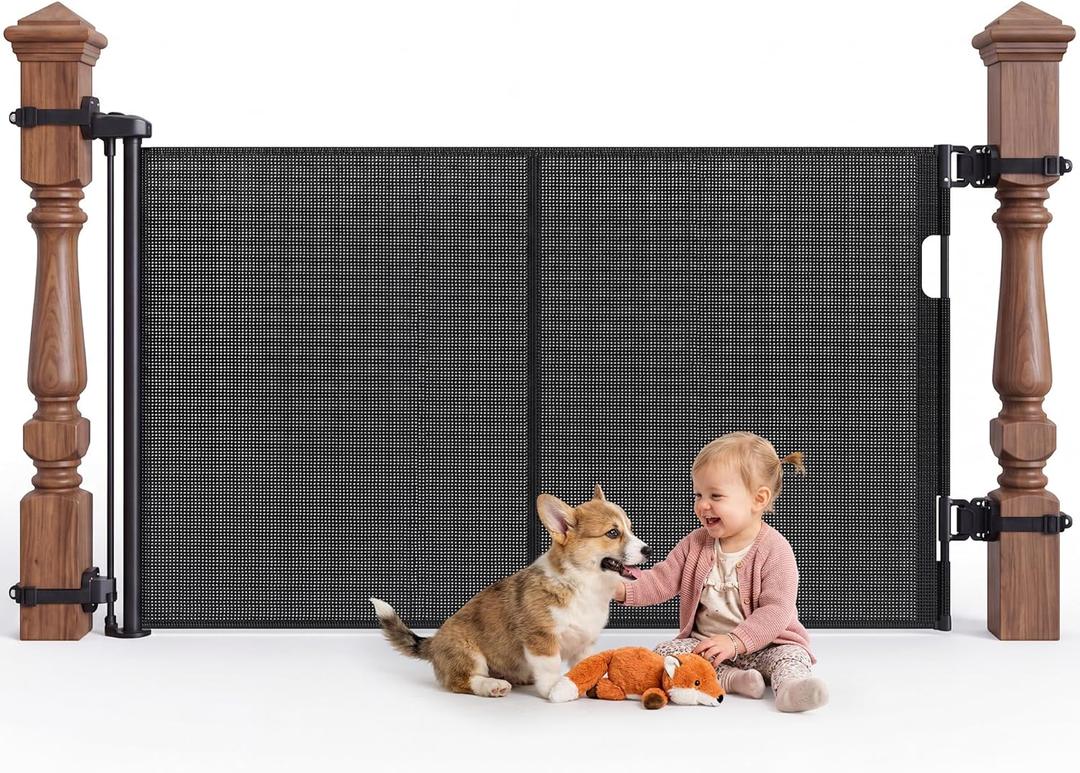 Reinforced Retractable Baby Gate for Stairs & Banister, 55" Wide Mesh Dog Gate, One-Handed Dual Lock Safety Gate for Kids & Pets, Fits Round & Square Posts (Black)