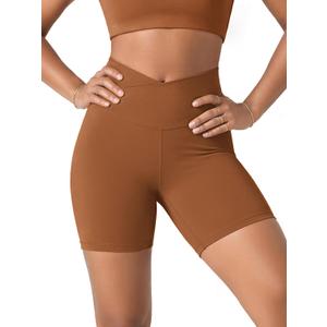ODODOS Women's Crossover Yoga Shorts with Back Pocket, 6" Buttery Soft V High Waist Lounge Biker Shorts, Caramel, X-Small (XS)