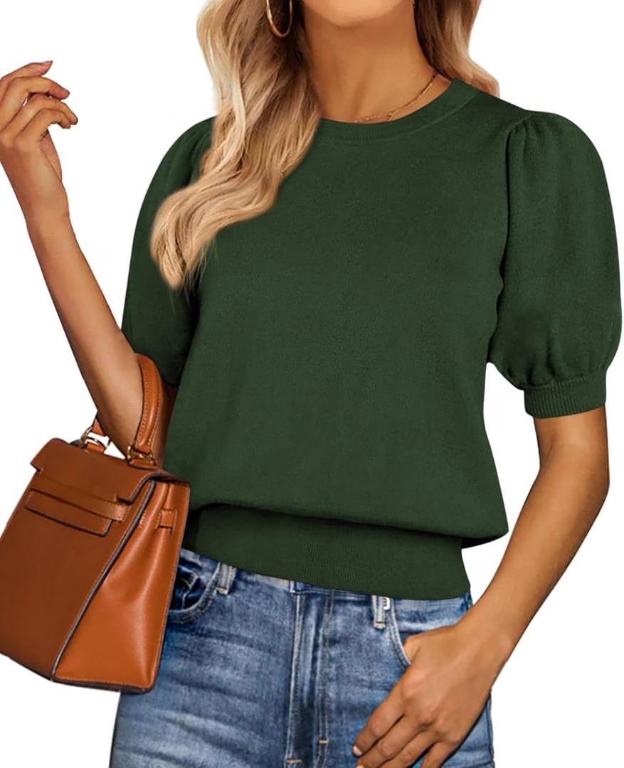 PRETTYGARDEN Womens Sweaters Spring 2026 Summer Puff Short Sleeve Sweater Trendy Cute Knit Work Blouses Business Casual Tops (Green, M)