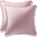 DEZENE 20x20 Throw Pillow Covers Pink: 2 Pack Cozy Soft Pom-poms Velvet Square Decorative Pillow Cases for Farmhouse Home Decor