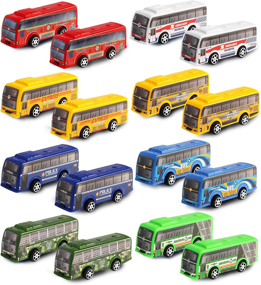 16 Pcs Pull Back City Bus Vehicles Toys Set, Mini Pull Back Cars for Kids Toddlers, Friction Powered Racing Vehicles Bulk Toys, Party Favors Goodie Bags Stuffers Pinata Fillers for Boys Girls