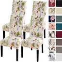 SearchI Chair Covers Slipcovers Set of 4, Spandex Super Fit Stretch Removable Washable Kitchen Parsons Protector for Dining Room, Hotel, Ceremony, Beige + Flowers