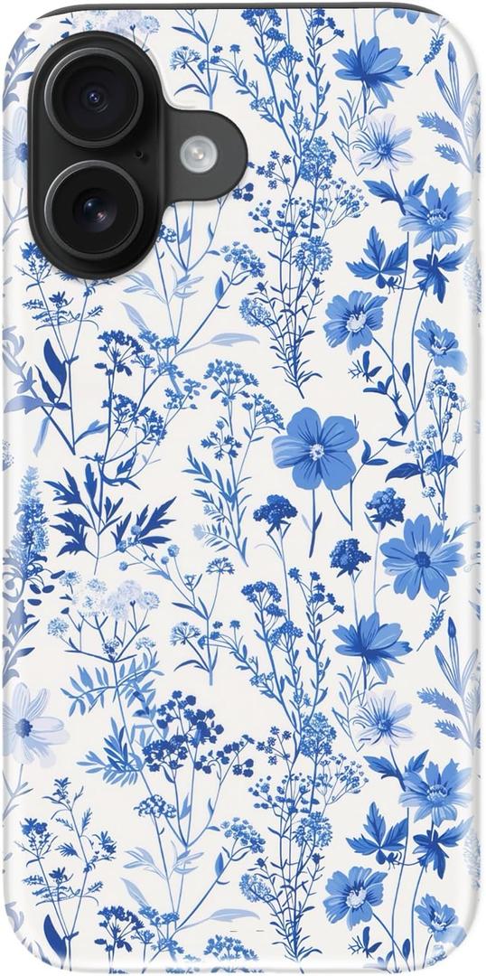 for iPhone 16 Case, Wireless Charging Compatible,Dual-Layer Protection with Stylish Wildflower Design, Soft Silicone + Hard Shell, Cute Chic Phone Cover for Women - Azure Botanical Pattern