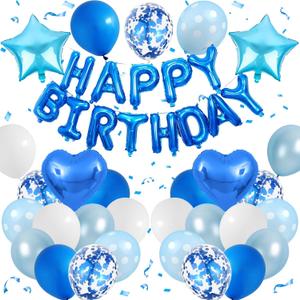 Blue Birthday Decorations for Boys,Blue and White balloons Happy Birthday Balloons Banner Polka Dot Confetti Balloons for Men Boys Birthday Baby Shower Party Decorations