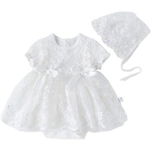 Toddler Baby Girl Long Sleeve Fall Dress Flower Lace Wedding First Birthday Baptism Christening Dresses with Hat Outfit,  Size 59 (0-3M), White Lace