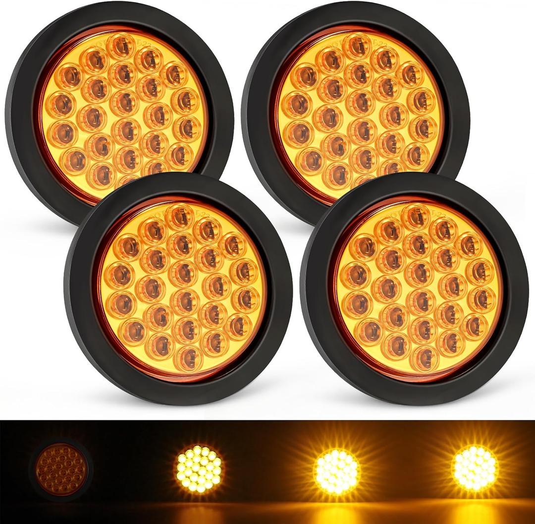 Partsam 4x 4 Inch Round Amber Strobe Lights 24 LED Trailer Truck Stop Turn Tail Light With Strobe and Solid Flash Mode Rubber Grommet 3-Prong Wire Pigtails, Amber Lens