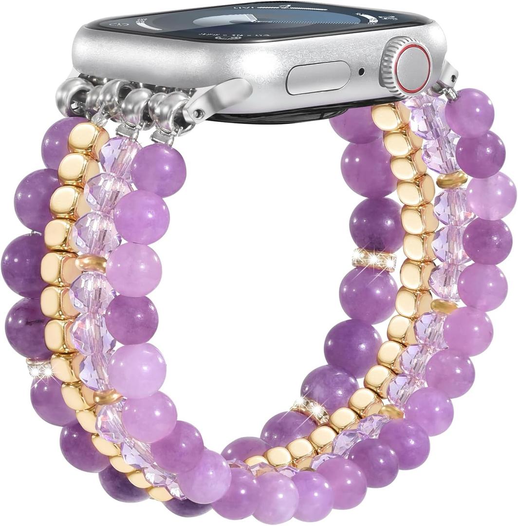 CAGOS Natural Stone Beaded Bracelet Compatible with Apple Watch Band 38mm/40mm/41mm/42mm/44mm/45mm Women Series 9 8 7 SE Series 6 5 4 Fashion Dressy Stretchy Handmade Beads Strap for iPhone iWatch Bands Series 3/2/1 (Light Purple)