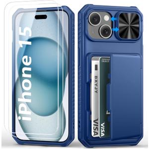 BXYJY for iPhone 15 Wallet Case with Screen Protector (Tempered Glass), Card Holder (4-5 Cards), Slide Camera Cover, Military Grade Drop Protection, Men Women Hard Case for iPhone 15, Blue