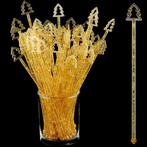 Tioncy 60 Christmas Drink Stirrers Christmas Coffee Stirrers Bulk Christmas Tree Top Swizzle Sticks Plastic Drink Stirrers Glitter Swizzle Sticks for Drinks Bar Christmas Party (Gold)