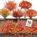TURNMEON 16 Bundles 5 Styles Artificial Fall Flowers for Outdoors Fall Decor, Fake Mums Fall Plants UV Resistant No Fade Boston Fern Orange Daisy Maples Leaf Picks Autumn Thanksgiving Outside Home
