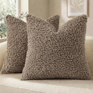 decorUhome Pack of 2 Throw Pillow Covers 18x18 Inch, Faux Fur Decorative Sherpa Pillow Covers Fuzzy Accent Soft Sheepskin Fleece Pillow Cases for Couch Living Room Bed, Khaki
