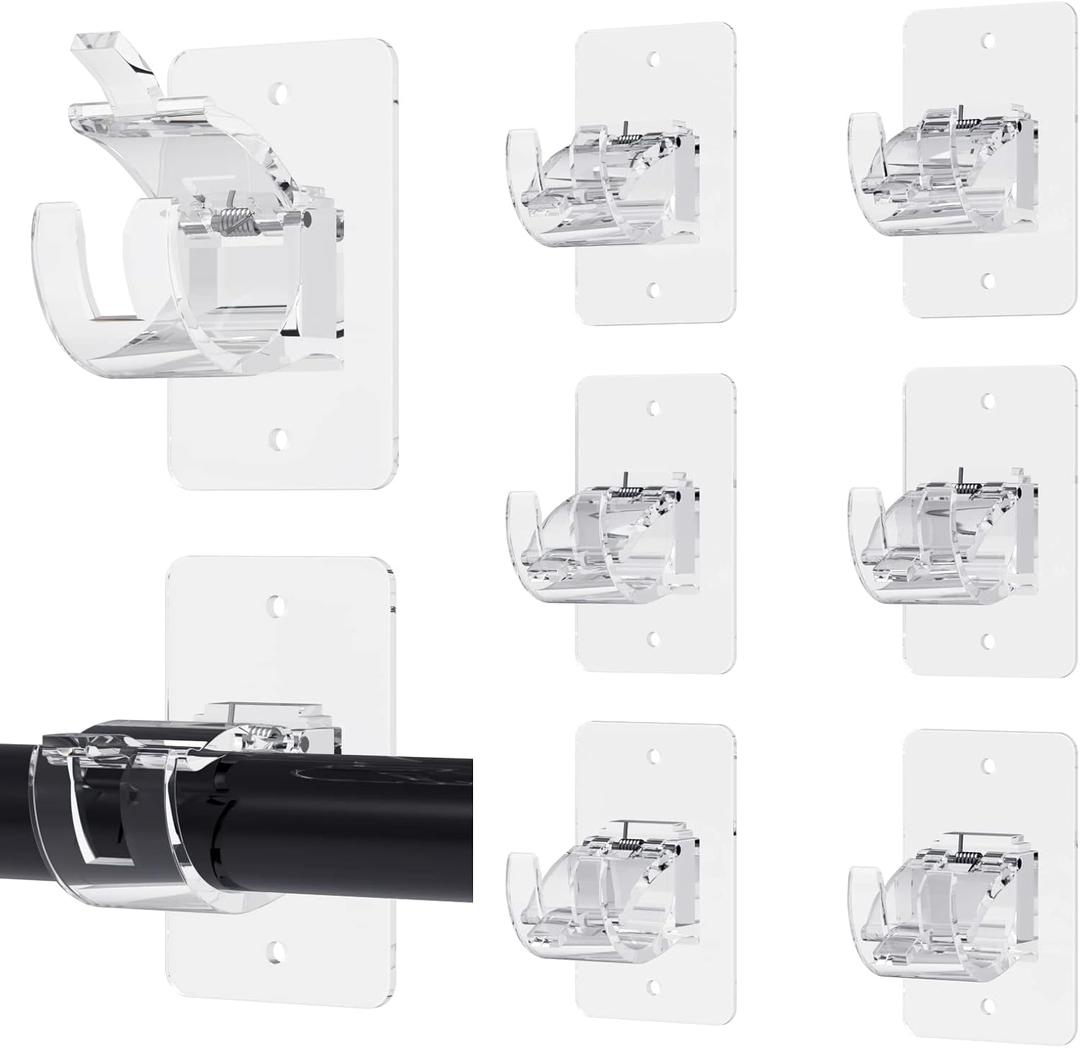 8PCS No Drill Curtain Rod Brackets, Self-Adhesive, Universal, Plastic & Stainless Steel, Wall Mount, Transparent