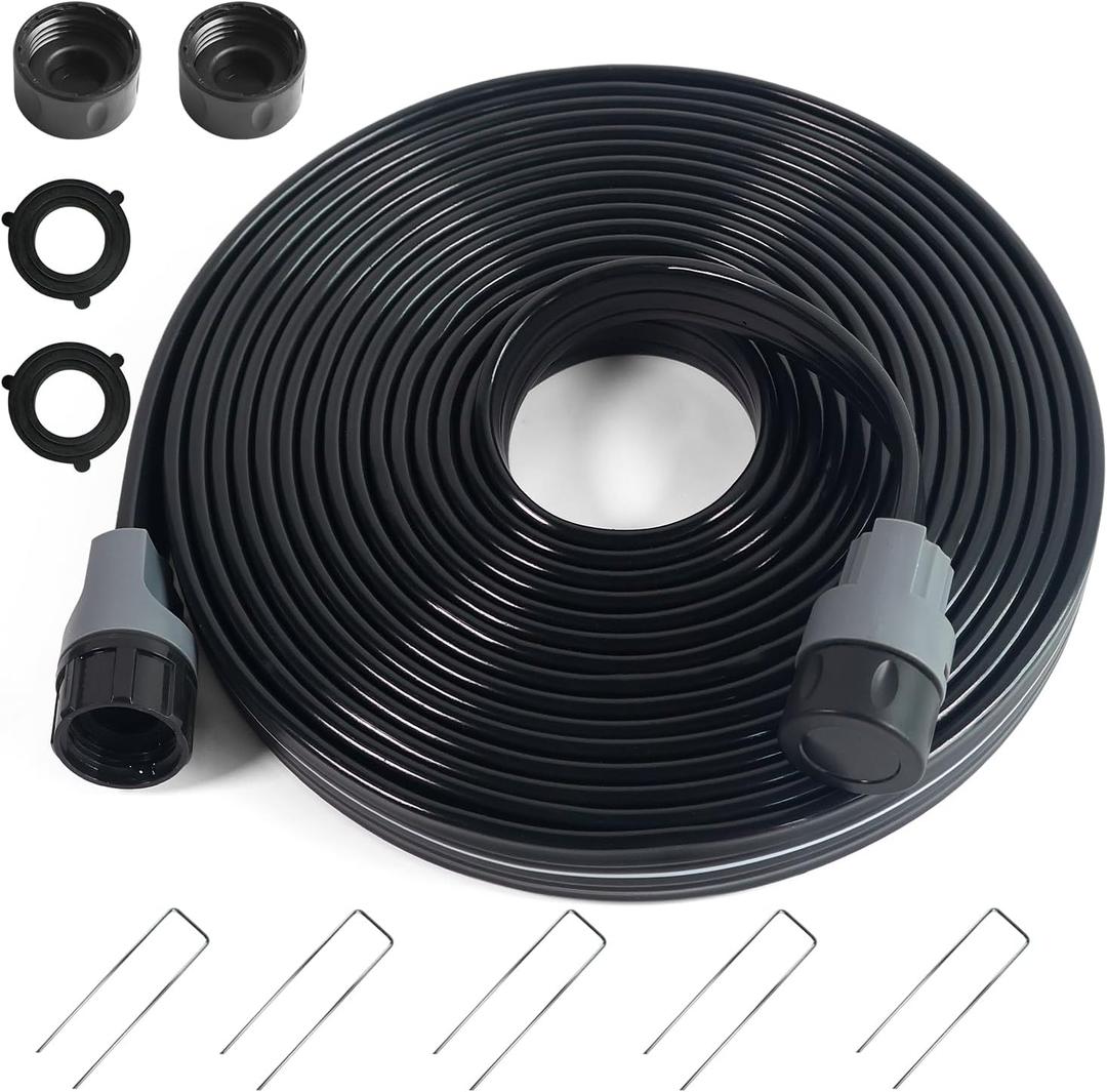 Sprinkler Soaker Hose 25 ft, Flat Watering Hose with Holes, Water Saving Drip Line Irrigation Hoses with Garden Staples for Lawn, Vegetable Garden Beds (25 ft) (Black)