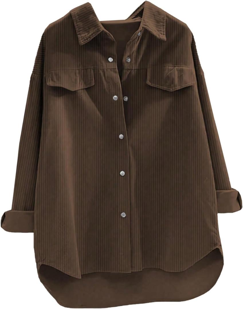 Verdusa Women's Button Down Casual Long Sleeve Shirts Ribbed Flap Pocket Lightweight T Shirts (Large, Brown)