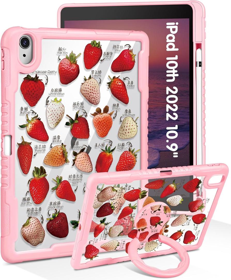 for iPad (A16) 11th Generation 11 Inch 2025 Case, for iPad 10th Generation Case 2022 10.9 Inch - Women Cute Girls with Pencil Holder & Stand Clear Strawberry Unique Girly Protective Hard Cover