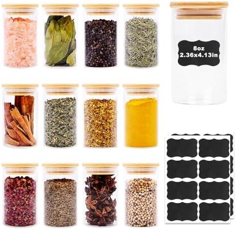 8oz Glass Food Storage Jars, Glass Jars with Bamboo Lids, Kitchen Storage Jars, Set of 12, Canisters with Airtight Lids for Spice, Coffee, Cookie, Pantry Organizers