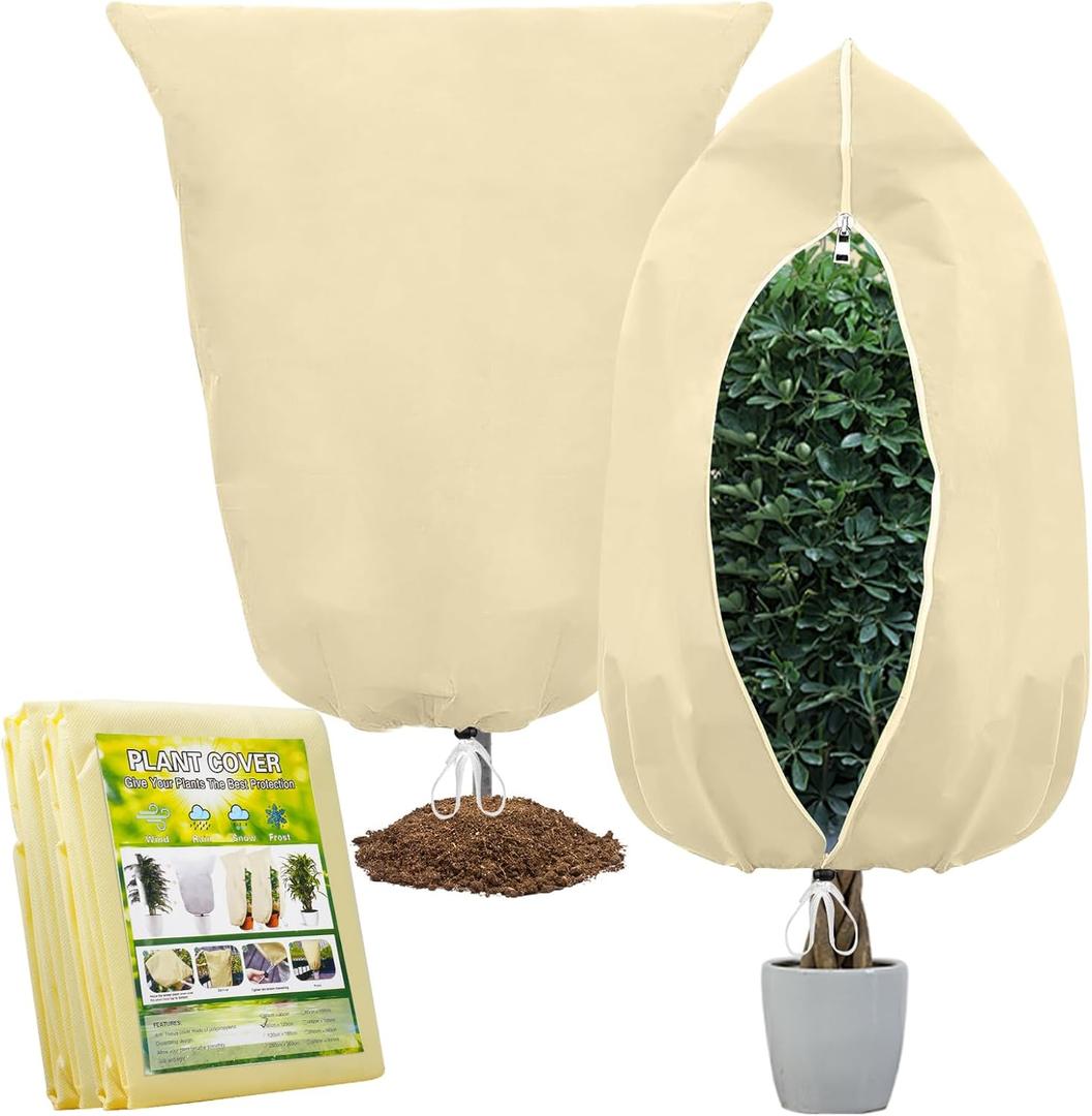 2 Pack Plant Covers Freeze Protection,31.5x47.2In Plant Protection Cover Bags with Zipper Drawstring for Outdoor Winter Frost Cold Weather Shrubs Trees Jacket Covers(Beige)