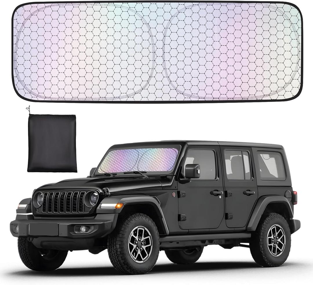 XCBYT Windshield Sun Shade for 2019-2024 Wrangler JK JL Gladiator JT, Upgrade Car Shades for Windshield with Laser Honeycomb Heat Dissipation, Front Car Sun Shade Blocks UV and Heat, Keep Cool
