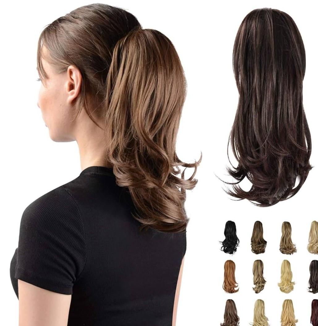 Ponytail Extension Long Curly Ponytail Hair Extension Natural Looking Synthetic Hairpiece for Women, Dark Brown & Dark Auburn Mixed