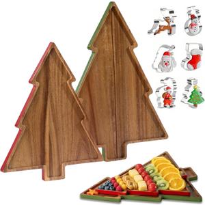 Christmas Charcuterie Board, Acaia Wooden Cutting Boards for Kitchen Decor, 2 Pack Christmas Tree Platters for Cheese Snacks Fruit Dessert Candy, Holiday Decorative Serving Tray with Gift Box