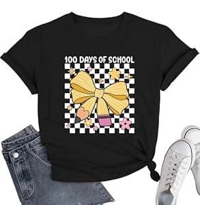 100 Days of School Shirt for Kindergarten Teacher: Bow Pencil Shirts, Teacher Appreciation Short Sleeve Shirts, Large 