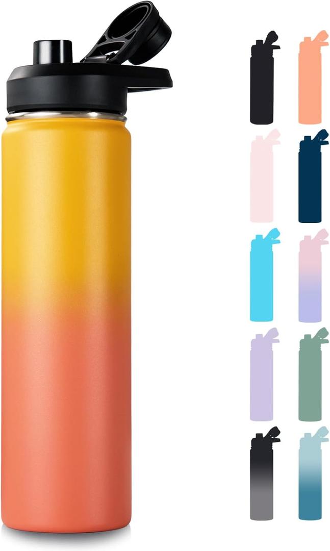 Fijinhom 24 oz Insulated Water Bottle with Handle, 304 Stainless Steel Water Bottles with Wide Mouth, Double Wall Vacuum Sports Water Bottle, BPA Free, Keep Cold and Hot, Yellow & Orange