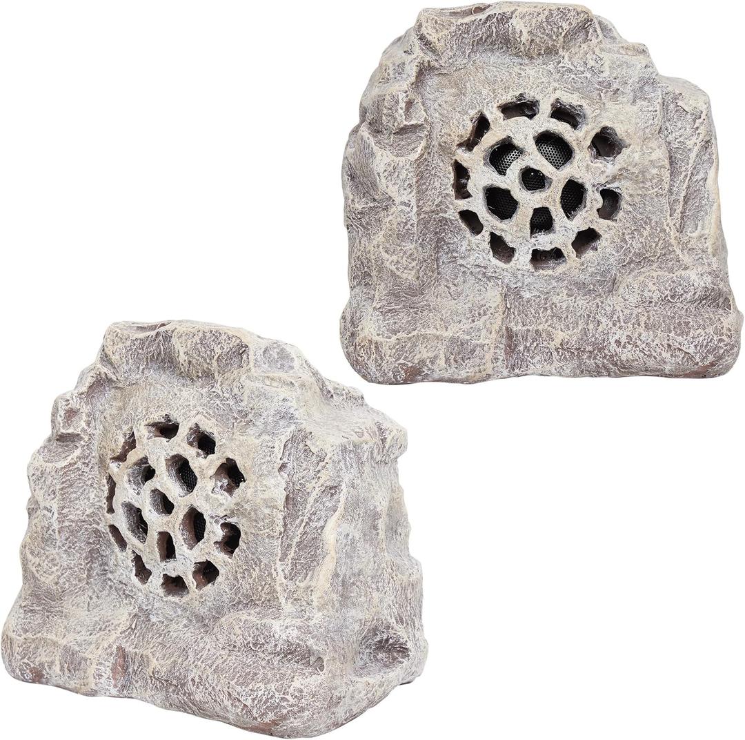 Alpine Corporation QLP542SLR-BG-2 Solar White Outdoor Bluetooth 5.0 Rock Speaker, Audio for Pool, Deck, & Patio, 11" H, Set of 2 (Beige)