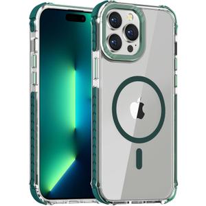 DEERLAMN Strong Magnetic Case for iPhone 15 Pro 6.1-Inch,[Compatible with Magsafe] Clear Slim Shockproof Protective Phone Cover for Women Men-Transparent+Green