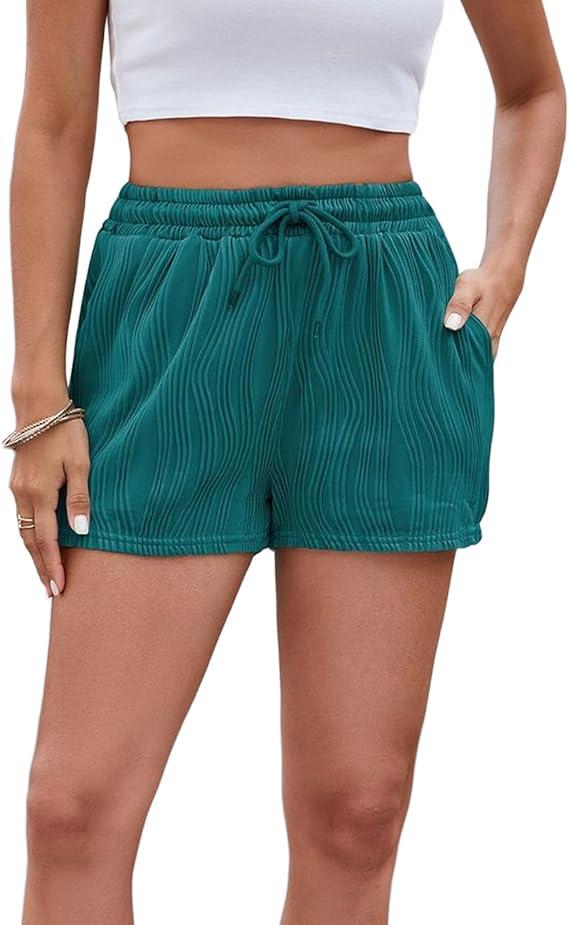 Women's Casual Drawstring Shorts Ladies High Waisted Textured Summer Lightweight Sweat Shorts with Pockets, Dark Green, Size XL