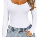 REORIA Womens Basic Sexy Scoop Neck Long Sleeve Leotards Fashion Fall Outfits Double Lined Layering Slim Soft Bodysuits Tops White X-Small