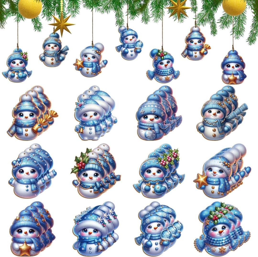 36Pcs 12-Design 3.14-Inch Christmas Blue Adorable Snowman Wooden Ornaments with Hemp Rope