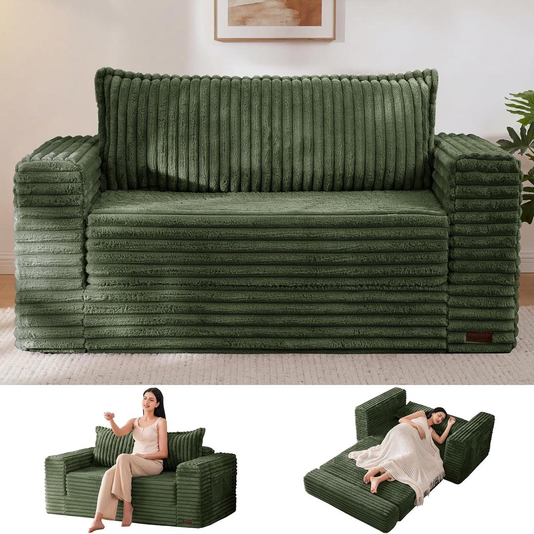 MAXYOYO Convertible Sofa Bed, 2 in 1 Folding Couch Bed for Small Space, Pull Out Loveseat Sofa Couch with Large Back Pillow, Plush Fabric Lounge Couch for Living Room, Apartment, Dark Green