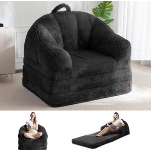 MAXYOYO Folding Sofa Bed, 2 in 1 Convertible Sofa to Lounger Comfy Single Bean Bag Chair for Adults, Floor Sleeper Couch with Handle, Faux Fur Couch Bed for Living Room Bedroom, Black