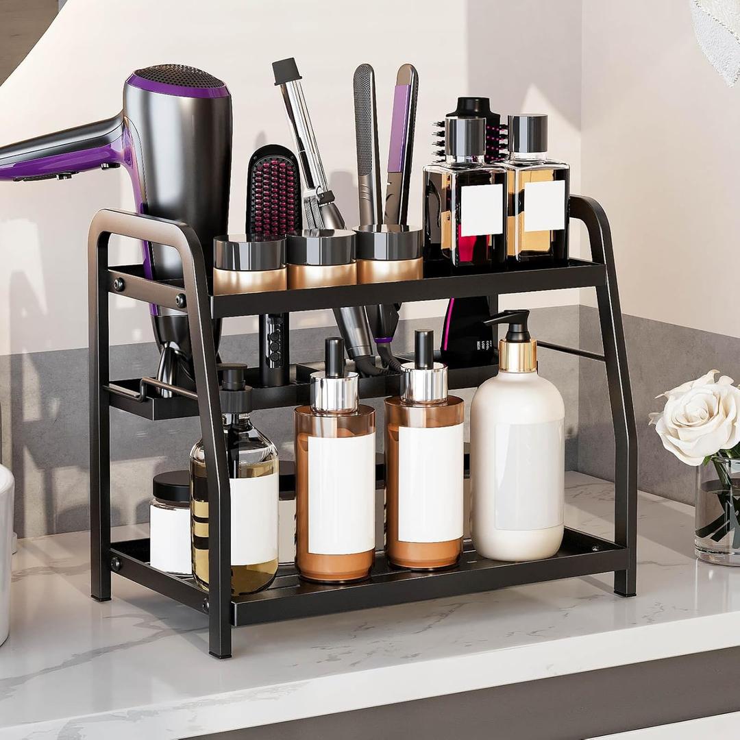 Hair Tool Organizer, 4-in-1 Hair Dryer Holder for Vanity, 2-Tier Large Bathroom Countertop Organizer for Blow Dryer, Straightener, Curling Iron, Brushes, Makeup, Perfume, Hair Styling Products