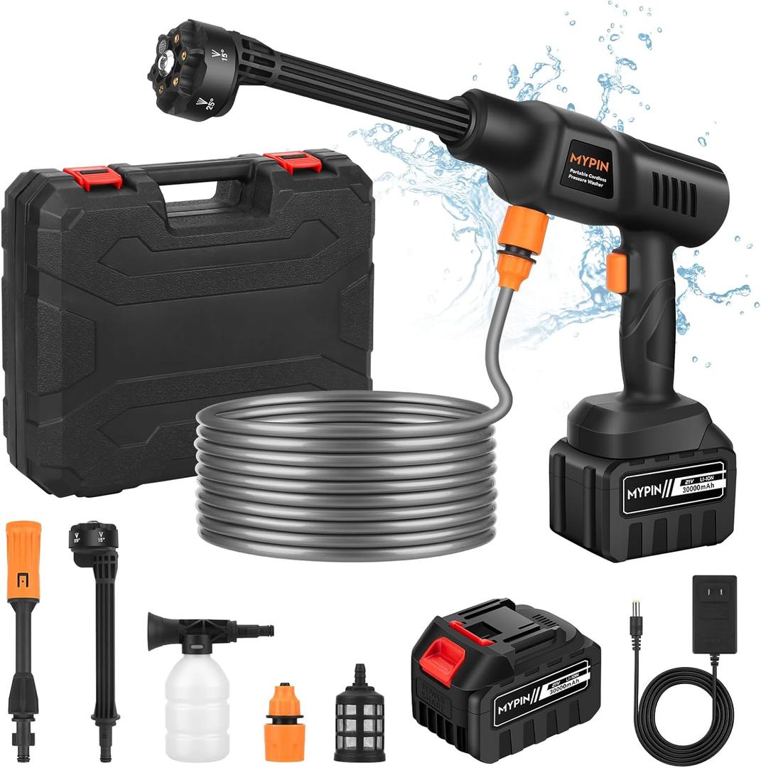 Portable Cordless Pressure Washer, 600 PSI 21V 30,000mAH Rechargeable Battery Powered Pressure Washer, 6-in-1 Nozzle with Standard Nozzle for Car Floor Wall Fence Cleaning (One Rechargeable 30,000mAH Battery)