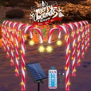 Candy Cane Lights Christmas Decorations, 12 Pack Solar Candy Cane Pathway Lights with 8 Modes and Timer, 72 LED Bright 1200mah Battery, Waterproof Christmas Candy Ca ne Solar Light for Outside
