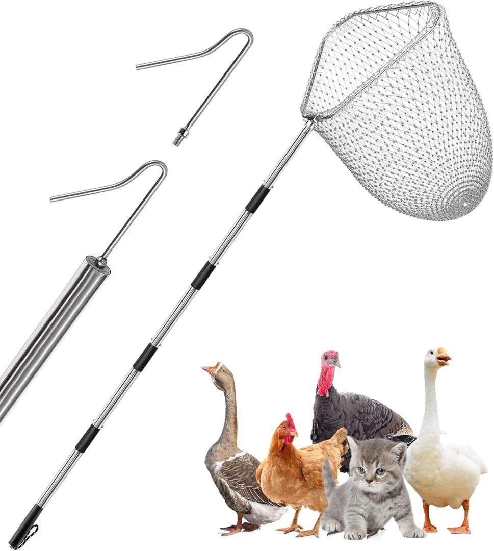 Catcher Net,Chicken Cat Bird Animal Goose Ducks Fish Birds Trap Net Catcher with 2 Chicken Leg Hook (25.5"- 61" Adjustable Handle with 15.7" Net Opening)