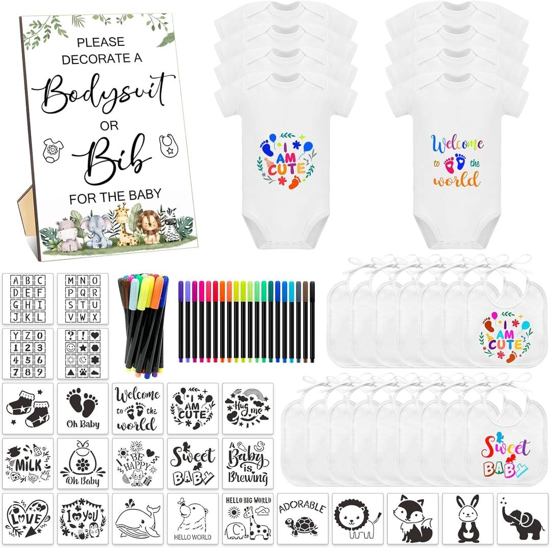 69 Pcs Baby Bib Bodysuit Baby Shower Set Baby Shower Game Sign Baby Feeder Bib Newborn Bodysuit Fabric Marker