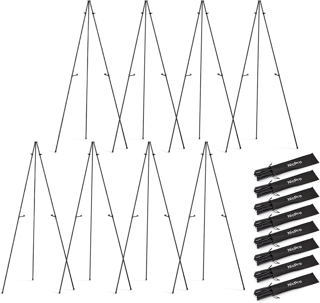 Nicpro Black Easel Stand for Sign, 8 Pack 63" Metal Portable Adjustable Collapsible Easels for Display, Painting, Poster, Wedding Sign with Carry Bag