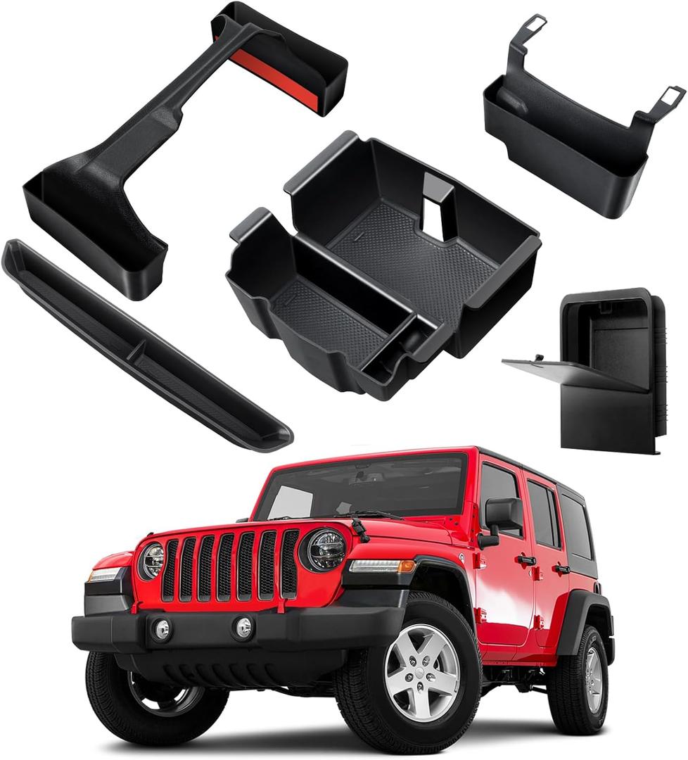 5PCS Center Console Organizer for 2018-2023 Jeep Wrangler JL JLU and Gladiator JT Accessories, Gear Shift Tray, Hanging Storage Box, Armrest Hidden Box, Passenger Side Grab Bar Tray, Not for JK (Black)