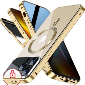 [Full Camera Protection& Mechanical Lock]Magnetic Privacy Case for iPhone 13 Pro Max [Compatible with MagSafe][CD Metal Ring]Full Body Shockproof Metal Bumper, 9H Anti Peeping Glass Cover-Gold