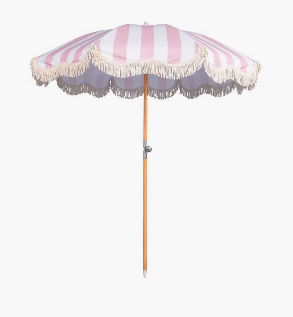 6.5ft Boho Beach Umbrella with Fringe, UPF 50+ Tassel Umbrellas with Carry Bag, Premium Wood Pole Foldable Patio Umbrella for Outdoor Holiday Garden Lawn Pool Yard Table