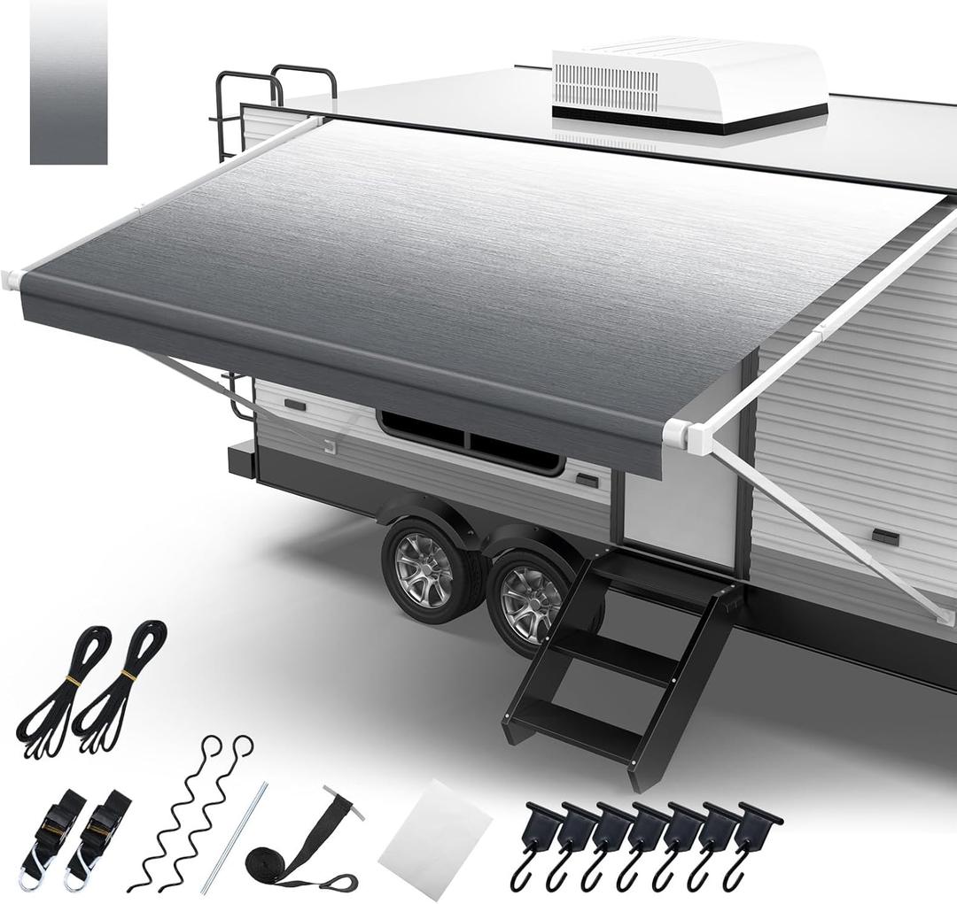 RV Awning Fabric Replacement, 19.5oz Heavy Duty Vinyl, with Tie Down Kits & 7 Hooks & Pull Strap for Trailer Camper Awning- 14'(Fabric 13'2"), Light Gray Fade