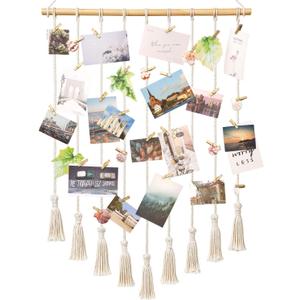 Mkono Teen Girl Room Decor Boho Macrame Hanging Photo Display, Pictures Cards Holder Wall Art for Bedroom Livingroom Dorm Home Teens Women Christmas Birthday Gift, with 40 Wood Clips, 37" L x 23.6''W (Ivory)